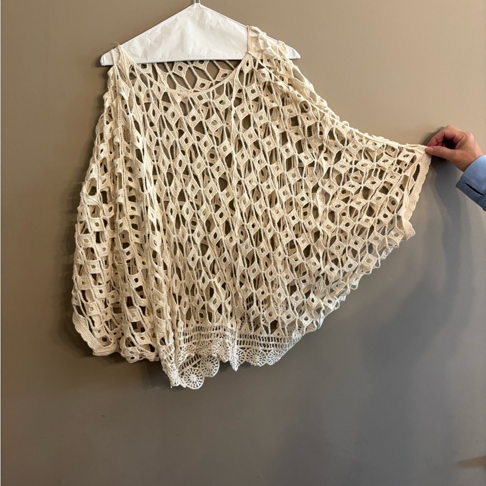 Cream Crochet Poncho Top